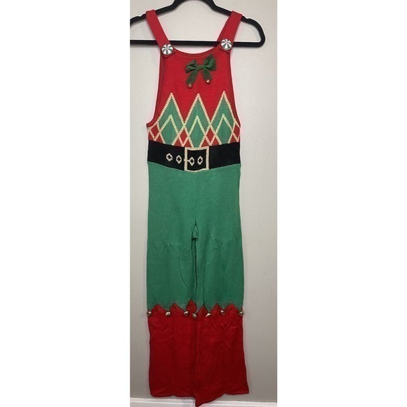 It’s Our Time Holiday Sleeveless Jumpsuit Size Small Red green White Bells Bow - Picture 1 of 16